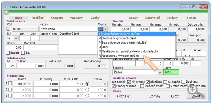 Typy skladových karet v aplikaci iKelp Pokladna