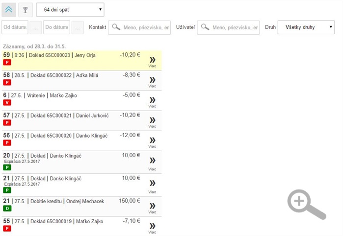 Rozšírený filter a zoznam položiek v histórii pohybov v kreditných účtoch zákazníkov