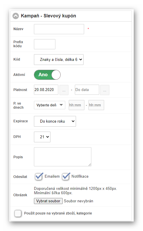 Formulář pro definovaní pravidiel kampaně - Slevových kupónů