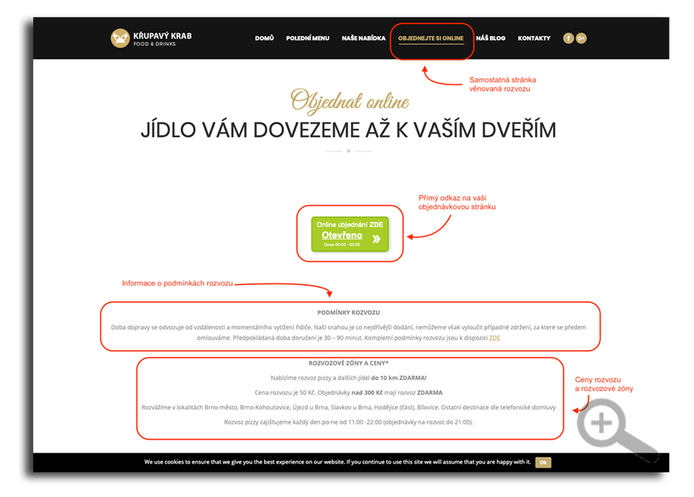 Samostatná stránka věnovaná online rozvozu