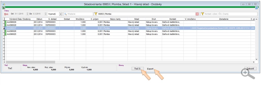 Možnosť tlače / exportu výkazu v zozname plômb Možnosť tlače / exportu výkazu v zozname plômb